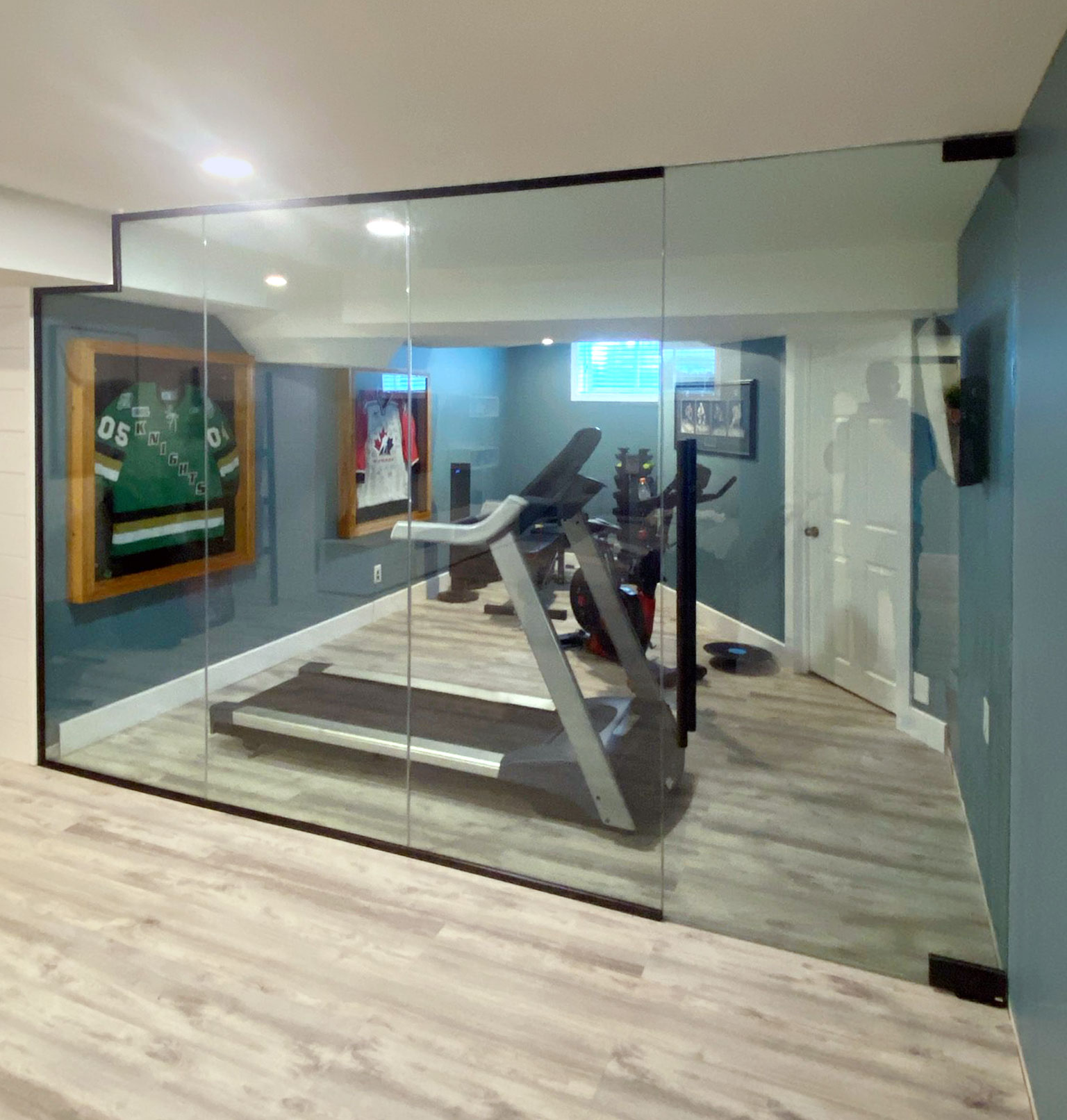 Glass wall and partitions with sliding door for home gym