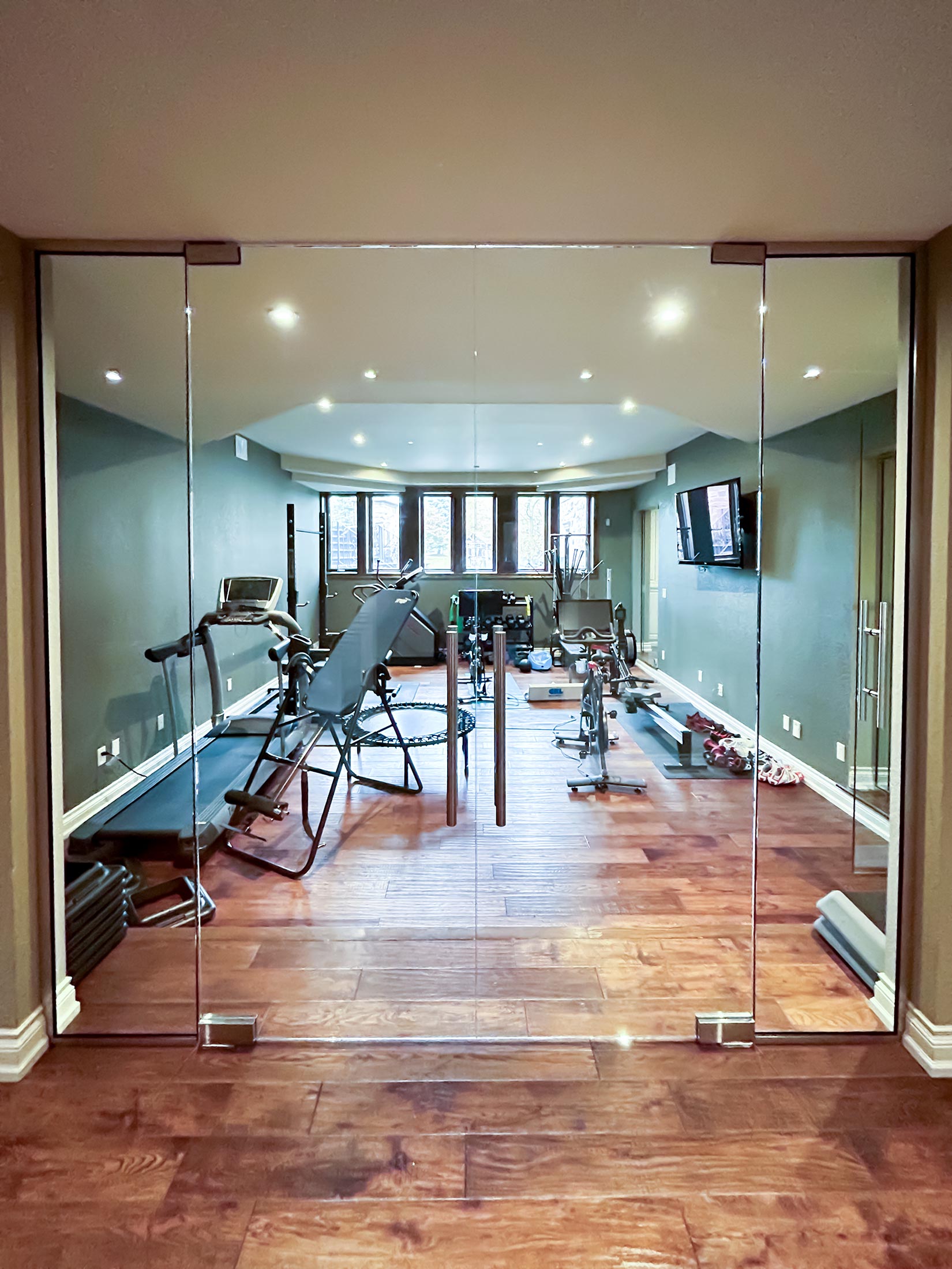 Glass wall and partitions with sliding door for home gym