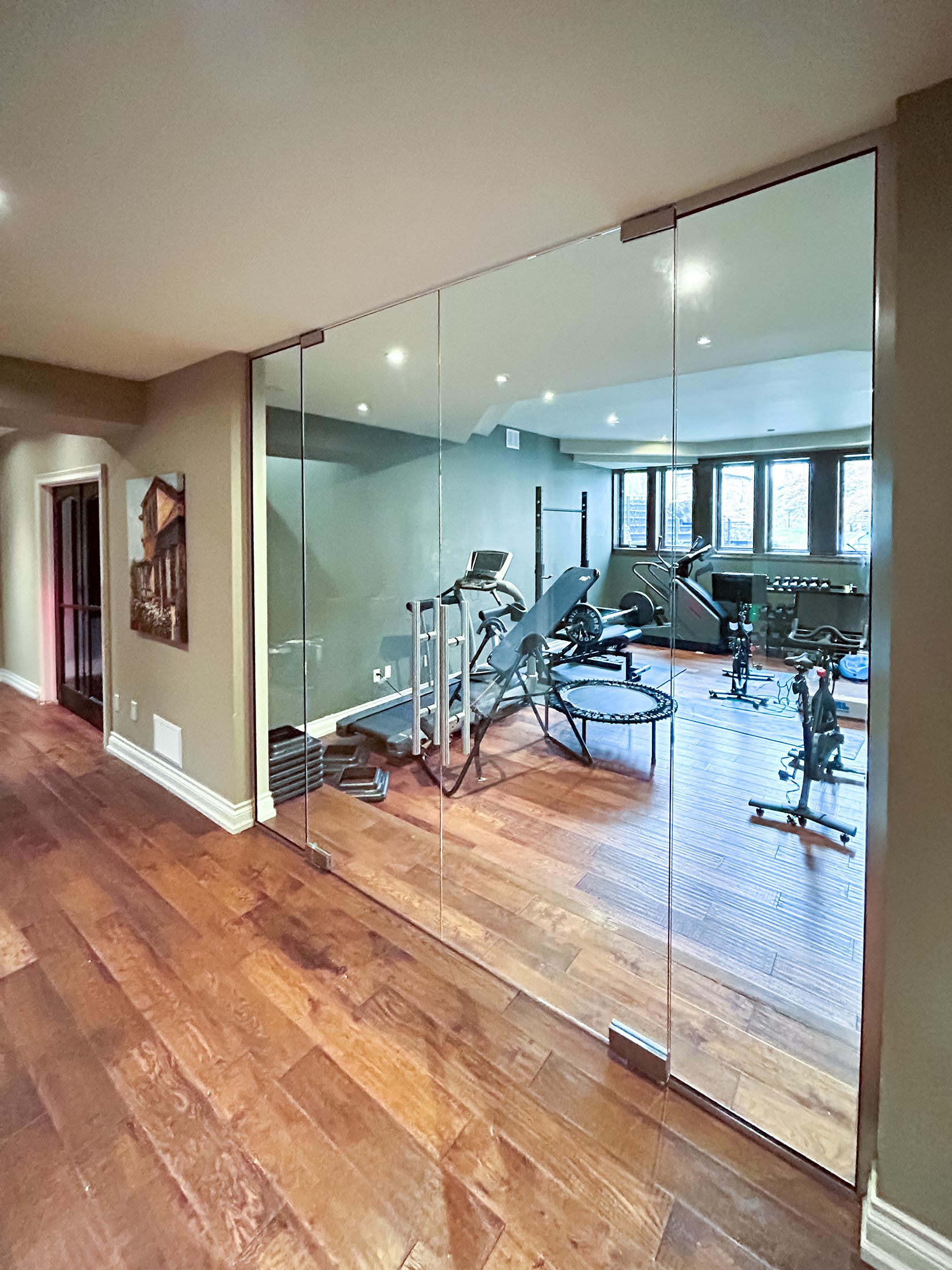 Glass wall and partitions with sliding door for home gym